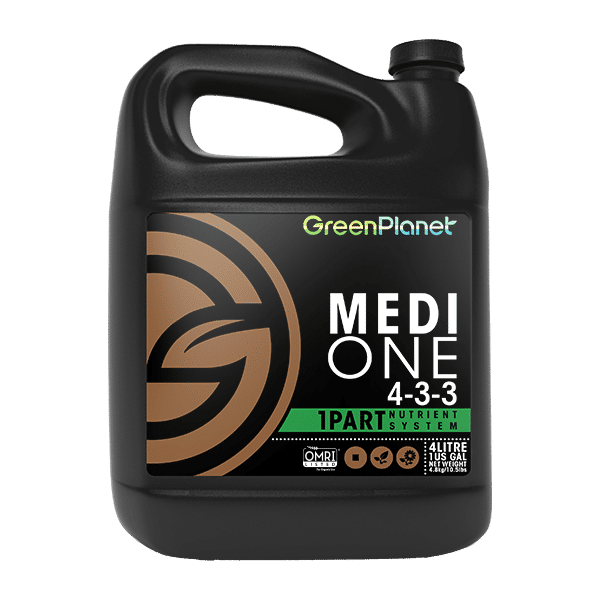 Green Planet Nutrients Medi One Medi One is our 1-part base nutrient system formulated with readily available macro and microelements certified for organic use. Expect vigorous vegetative growth and vibrant floral production with only one bottle. This is the base for the Medi One Feed Program