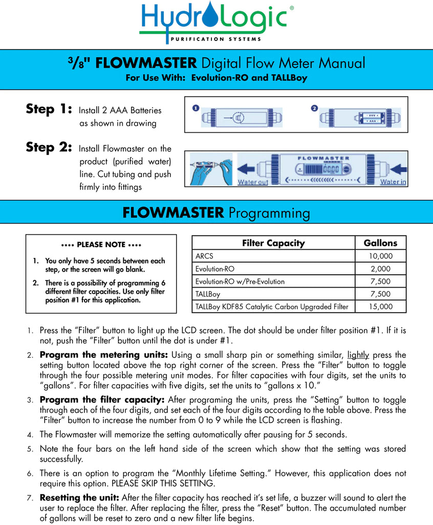Hydrologic TALLBoy® or Evolution-RO™ Flow Master Monitor 3/8" QC