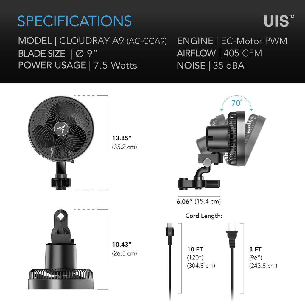 AC Infinity Cloudray A9 Grow Tent Clip Fan 9”