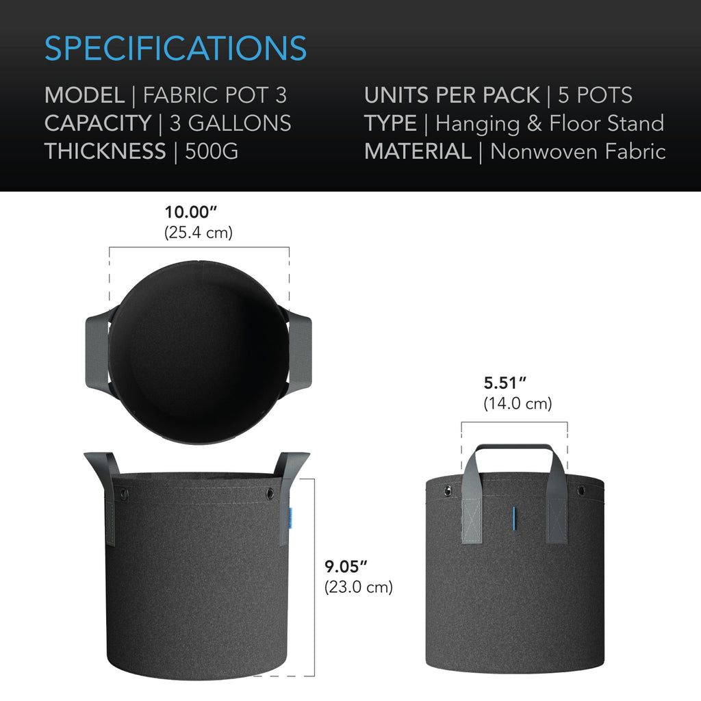 AC Infinity Heavy Duty Fabric pots 3 gallon - 5 pack