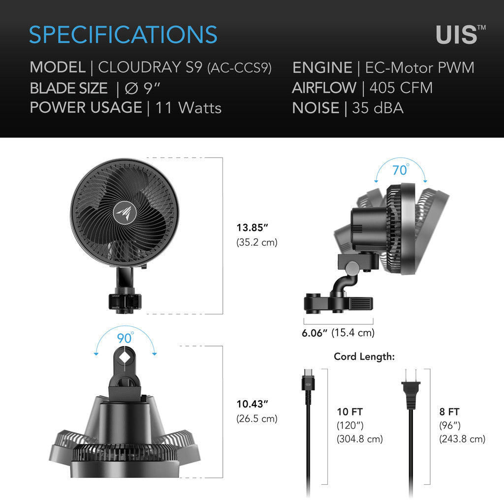 AC Infinity Cloudray S9 Clip Fan with Auto Oscillation